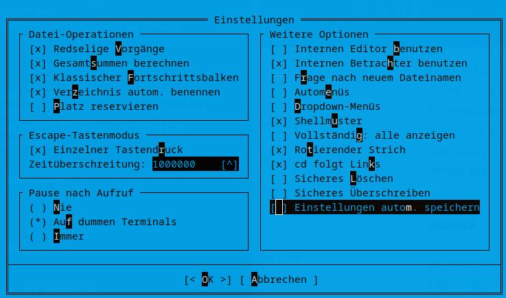 Midnight Commander Automatisch speichern deaktivieren