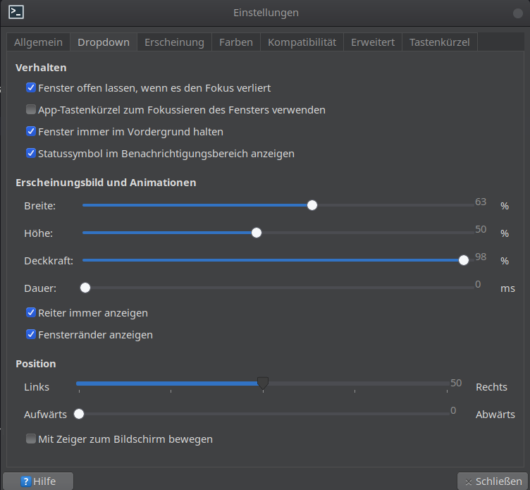 Terminal Drop down einstellungen