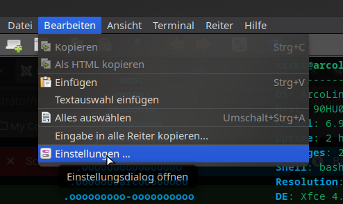 terminal dropdown einstellungen starten