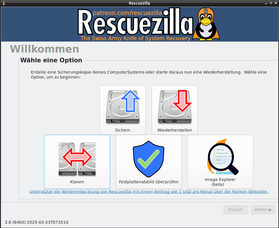 Rescuezilla Startbildschirm