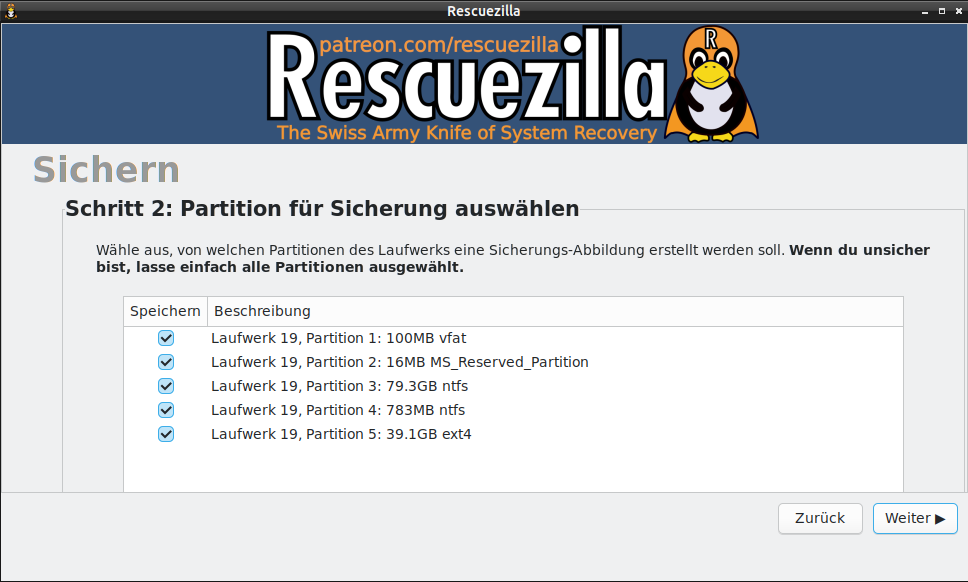 Rescuezilla sichern partition der sicherung