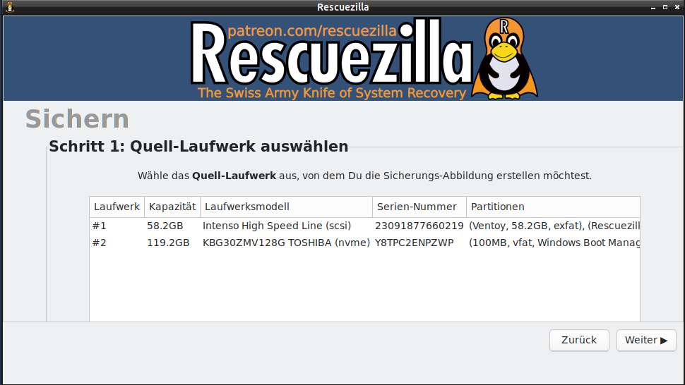 Rescuezilla sichern quelllaufwerk