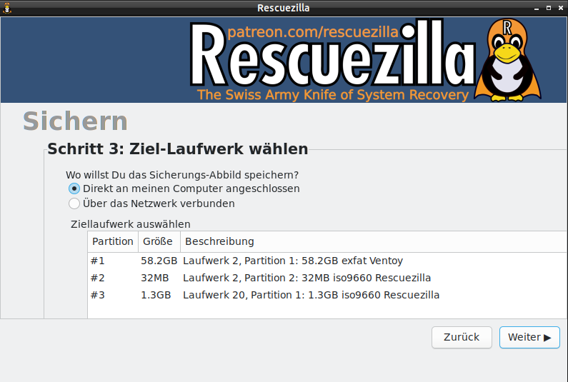 Rescuezilla sichern ziellaufwerk